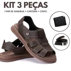 Kit Sandália Masculina Ortopédica Franciscana Chinelo Masculino Em Couro Legítimo + Carteira e Cinto