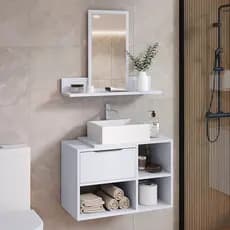 Conjunto Mell e Kauane Com Gabinete Suspenso Banheiro 60cm com Espelheira Moderna Multiuso
