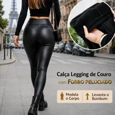 Calça Legging Couro Sintético Peluciada Cintura Alta Modeladora Inverno Feminina