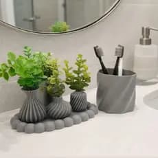 Kit para Pia Lavabo Banheiro com Suporte Escova Pincéis e 3 Mini Vasinho com Planta e Base Decoração