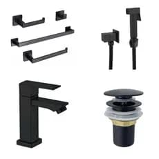 Kit Banheiro Preto Fosco Torneira/Ducha Higienica/Valvula Click/Porta Acessorios Linha quadrada Metal Inoxidavel