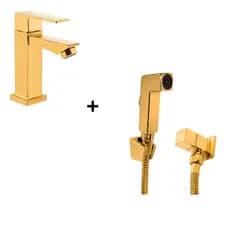 Kit Banheiro Dourado Torneira + Ducha Higiênica Chuveirinho Luxo Quadrada Metal INoxidavel
