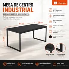Mesa De Centro Sala Industrial Retangular Metalon E Madeira cor preto