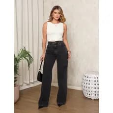 Calça Jeans Feminina Wide Leg pantalona Cintura Alta Tecido grafite