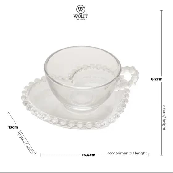 Conjunto 4 Xícaras de Chá de Cristal com Pires Coração Pearl 180ml - Wolff