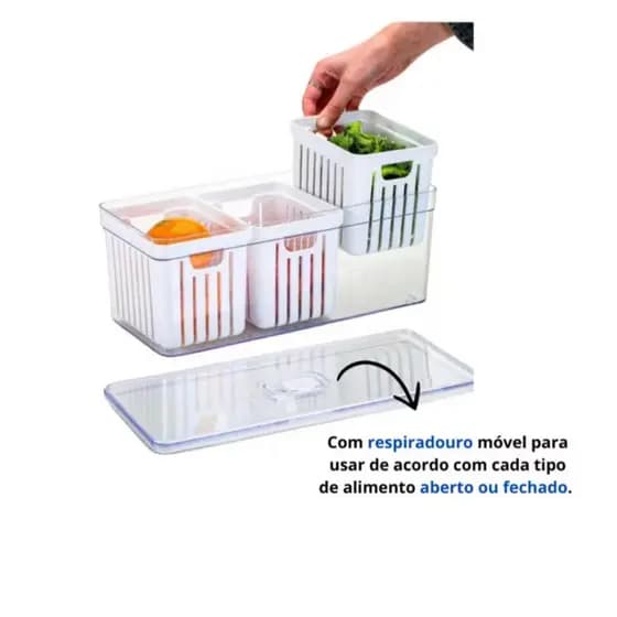 KIT Organizador de Geladeira acrílico 5 Litros com 3 cestos alça e tampa Tampa Acrílico Drenagem