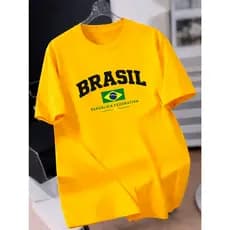 Camiseta casual masculina com logotipo da bandeira do Brasil 100% algodão, manga curta, gola redonda