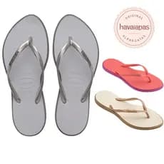 Chinelo Havainas Slim Point Bico Fino Tiras Metalizadas Logo Metalizado