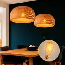 Kit 2 Luminárias Pendentes de Bambu Rústico Artesanais 45cm com Luz de Filamento para Sala