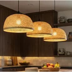 Kit Lustre De Bambu 3 Und Artesanal Trançado Sala Pendente Luminária Redonda Teto Decoração