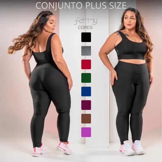 Conjunto Kit Plus Size Calça Legging + Top Feminino Fitness Academia Bojo Removível Zero Transparência Alta Qualidade