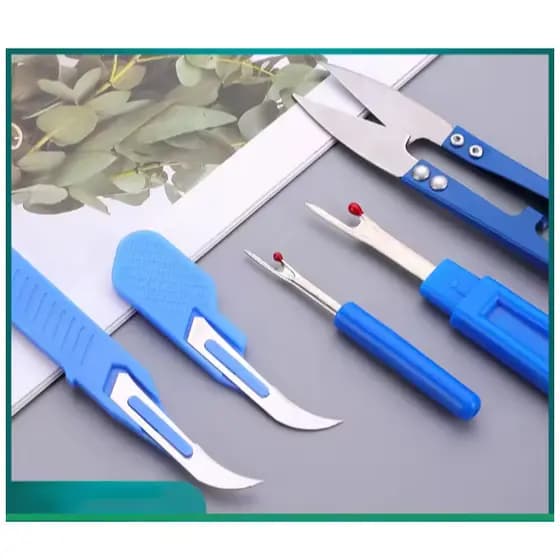 Kit de 5 Peças Azul para Costura: Descosedor de Linha, Descosedor de Costura e Tesoura para Remover Pontos