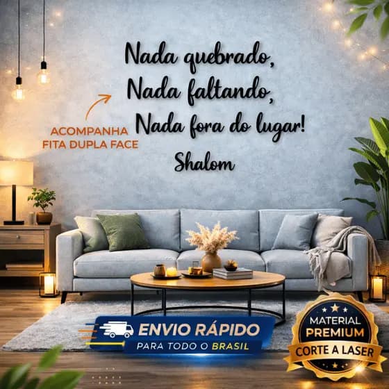 Frase Decorativa Shalom Nada Quebrado Nada Faltando MDF Preto Parede Religiosa 85x50cm Decor Cristã com Dupla Face