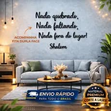 Frase Decorativa Shalom Nada Quebrado Nada Faltando MDF Preto Parede Religiosa 85x50cm Decor Cristã com Dupla Face