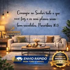 Versículo Consagre ao Senhor Tudo Provérbios 16:3 Frase Decorativa MDF Preto Parede Cristã 80x30cm com Dupla Face
