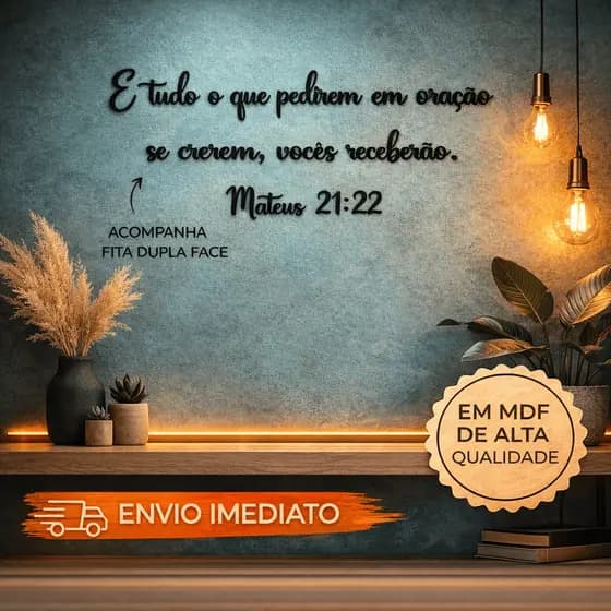 Decoração Parede Mateus 21:22 "E tudo o que pedirem em oração" Cristã Frase Bíblica MDF Preto 130x50cm Fita Dupla Face