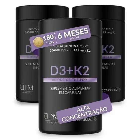 Vitamina D3 + K2 Ellym Nutrition MK-7 Menaquinona Alta Concentração Absorção Saúde Óssea Imunidade Complexo Vitamínico
