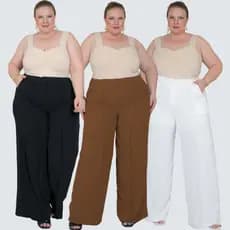 Calça Pantalona Plus Size Wide Leg Social Com Botão