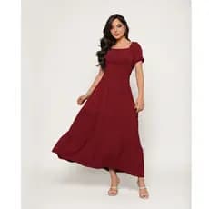 Vestido Ciganinha Longo Elegante Manga Curta Cintura Franzida com Babado do M ao G4