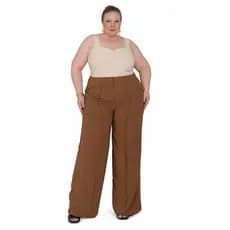Calça Pantalona Plus Size Wide Leg Com Botão Sem Forro
