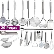 Utensílios Inox Kit 6/10/20 Peças Colher Concha Escumadeira Garfo Trinchante Amassador Pegador Fue