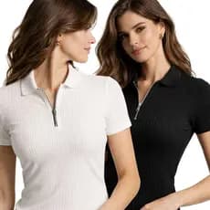Kit com 2 Camiseta Polo Canelada Feminina Manga Curta Elegante Com Ziper Camisa Malha Premium