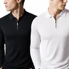 Kit 2 Camisetas Polo Manga Longa Camisa Com Ziper Masculina Elegante Malha Canelada Camiseta Premium