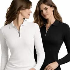 Kit com 2 Camisa Polo Canelada Manga Longa Com Ziper Feminina Malha Camiseta Premium