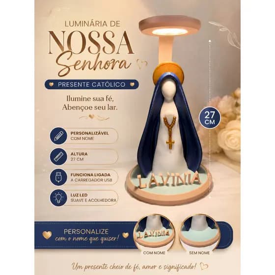 Luminária Nossa Senhora Personalizada com Nome LED USB 27cm Presente Católico Decoração Religiosa