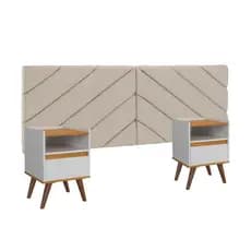 Conjunto Mesa De Cab Gaveta + Cabeceira Estofada Box Para Queen BULMA 160 + KIT TED BRANCO/FREIJÓ