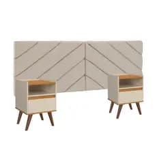 Conjunto Mesa De Cab Gaveta + Cabeceira Estofada Box Para Cama Queen BULMA 160 + KIT TED OFF/FREIJÓ