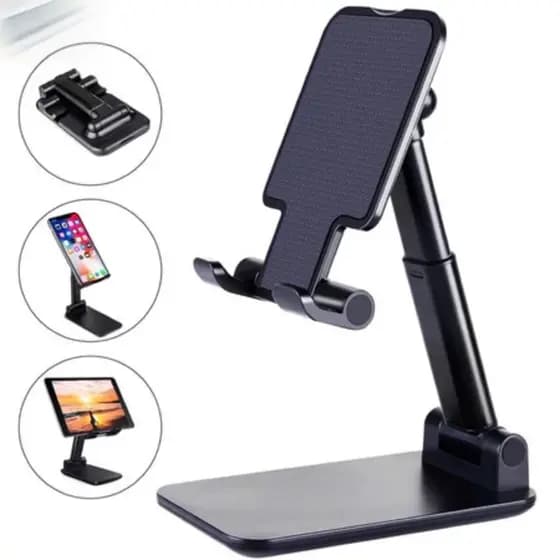 Suporte portátil para celular dobrável regulável uso em mesa preto/branco