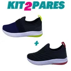 Kit 2 Pares de Tênis Infantil Calce Fácil Preto com Vermelho e Preto com Marinho
