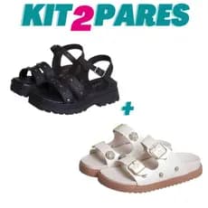 Kit 2 Pares Infantil Feminino Chinelo Fivela Off e Sandália Tratorada Preta Kidstep
