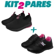 KIT 2 PARES Tênis Meia Calce Facil Infantil Menina Preto Pink e Tênis Jogging Bordado Preto Pink 28 ao 36