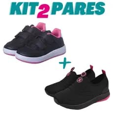 KIT 2 PARES Tênis Infantil Menina Casual Preto com Pink e Calce Facil Preto com Pink 28 ao 36