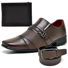 kit sapato social masculino marrom com fivela e estampa promoção cinto e carteira top promoção