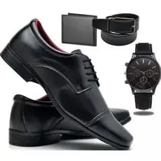 Sapato Social Masculino com Cadarço + Cinto + Carteira + Relógio Preto Lançamento