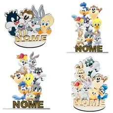 Kit 06 a 20 Display Centro de Mesa Looney Tunes Colorido Adesivado, Lembrancinha Personalizado Com Nome Mdf