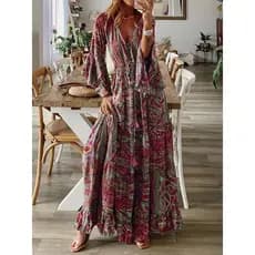 2023 Vestido Longo Boêmio Estilo Manga Flare Estampado Com Decote Em V Cintura Alta Para Férias Femininas