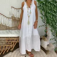 Vestido de Primavera Verão Mais Vestido Longo Sem Manga Feminino de Renda Sem Manga