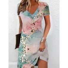 Casual Summer Short-Sleeved Floral Impressão Floral Vestido de Moda Feminina Vestido de Pescoço em V