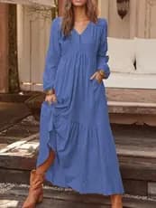 Botão de Inverno de Outono Linho de Algodão Retro Casual Casual de Manga Longa Vestido de Senhora de Manga Longa