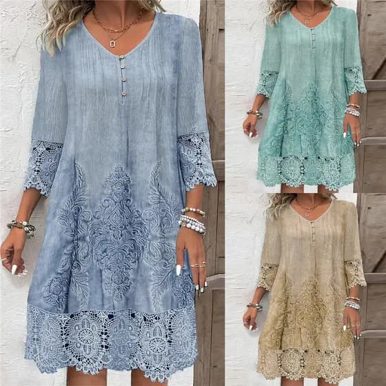 Vestido de Moda Primavera Outono v-Neck Fashion Lace Print Ladies