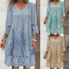Vestido de Moda Primavera Outono v-Neck Fashion Lace Print Ladies
