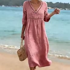 2026 primavera verão novo estilo elegante Casual com decote em V cor sólida vestido feminino de manga média