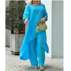 Terno de linho de algodão feminino moda Casual Plus Size Irregular manga comprida topo calças de perna larga estilo femi