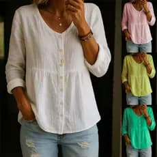Primavera verão novo estilo feminino Casual solto moda algodão linho manga comprida com decote em V botão camisa