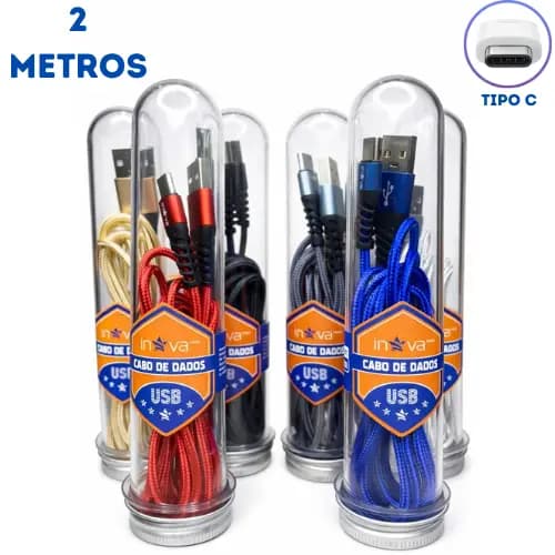 Cabo Carregador USB-C Tipo C  2 Metros Revestido em Nylon -  USB-C Transferência De Dados