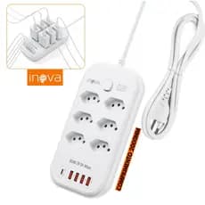 INOVA Filtro de Linha com 6 Tomadas 2500W Extensão Universal 4 USB 1Type c 10A 110V/220V 2M Bivolt